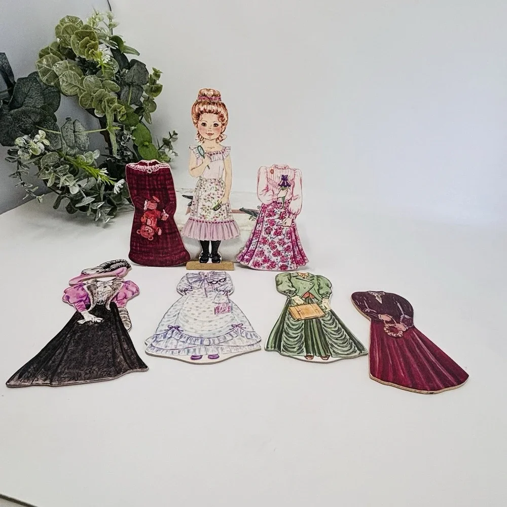 Vintage Wooden Paper Dolls Victorian Dress Up & Fireplace Lot Cottagecore